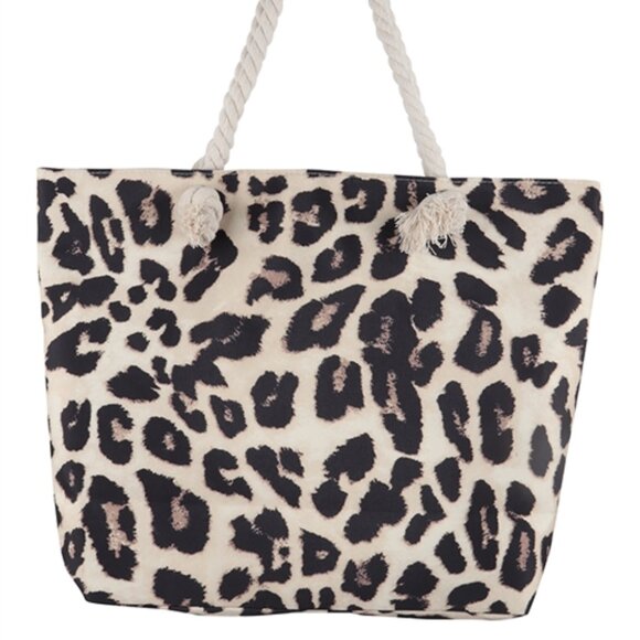 Leopard LG Print Canvas Tote Bag/ Rope Handles - Tan/Black/Brown - Style 1 -NWT - Picture 2 of 9